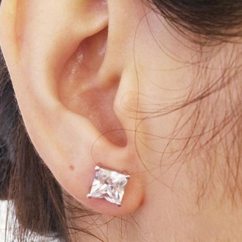 Silver Diamond Princess Cut Stud Earrings - Picture 2 of 6